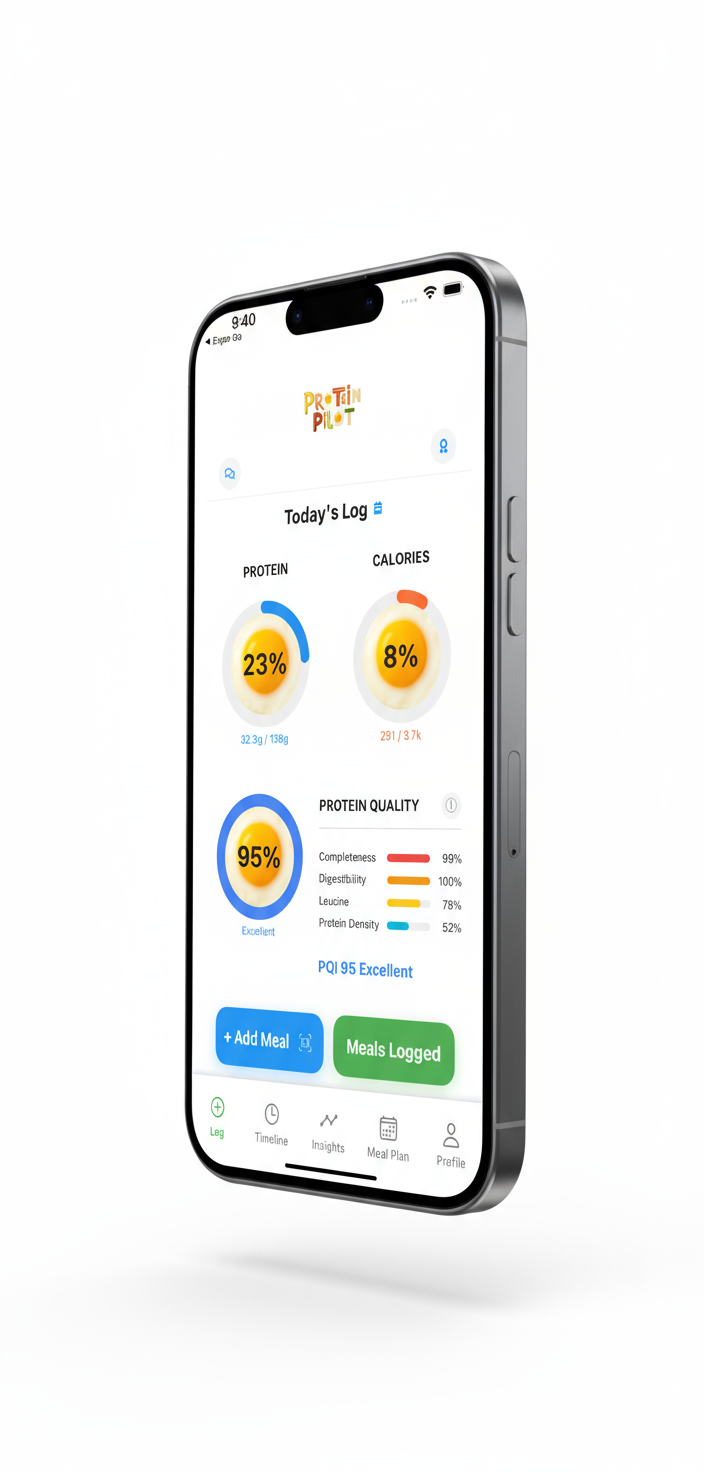 Protein Pilot app – Today's Log screen with Protein %, Calories %, and PQI breakdown